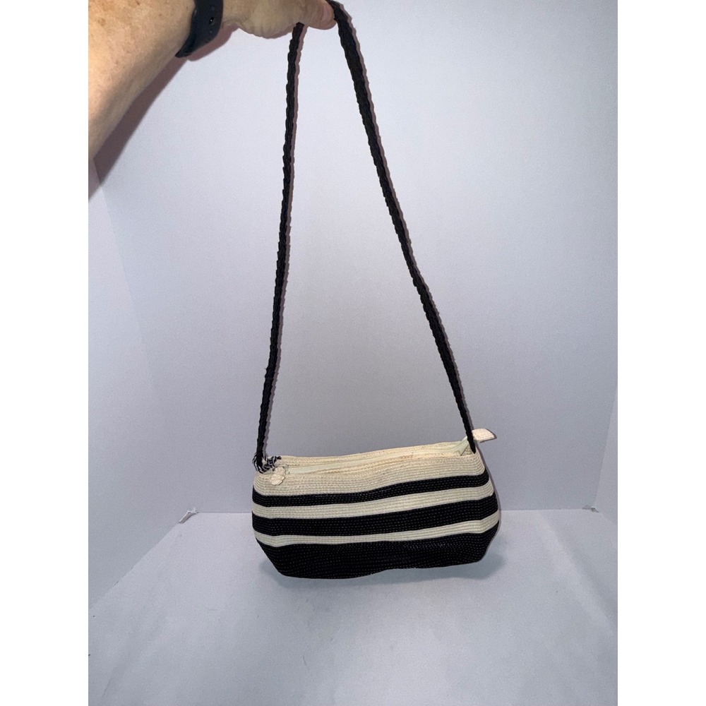 Liz Claiborne Striped Woven Shoulder Bag Black Cream Nautical ToileLining Anchor
